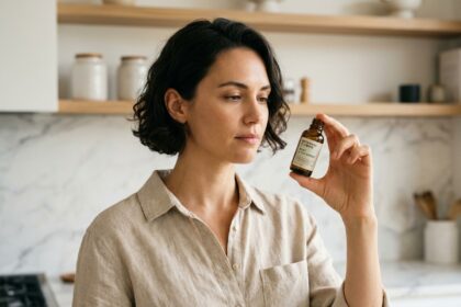 Femme examinant attentivement un flacon d'e-liquide français dans une cuisine moderne, idéal pour illustrer le choix d'un e-liquide de qualité