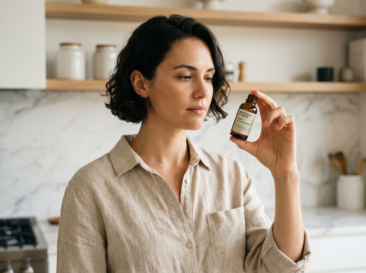Femme examinant attentivement un flacon d'e-liquide français dans une cuisine moderne, idéal pour illustrer le choix d'un e-liquide de qualité