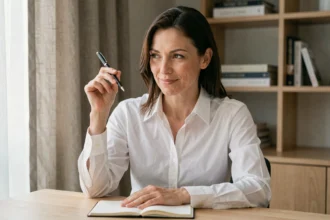 Femme souriante de façon ironique tenant un stylo au-dessus d'un carnet, symbolisant les citations courtes et percutantes