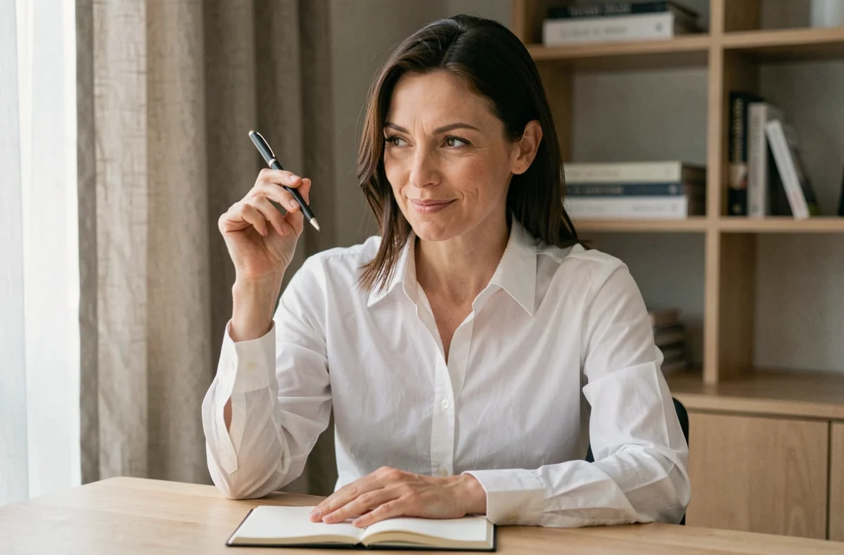Femme souriante de façon ironique tenant un stylo au-dessus d'un carnet, symbolisant les citations courtes et percutantes