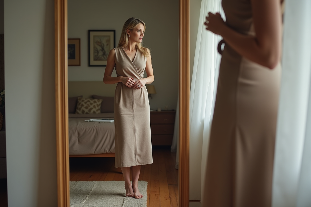 Femme confiante en robe midi ajustant sa ceinture dans une chambre moderne