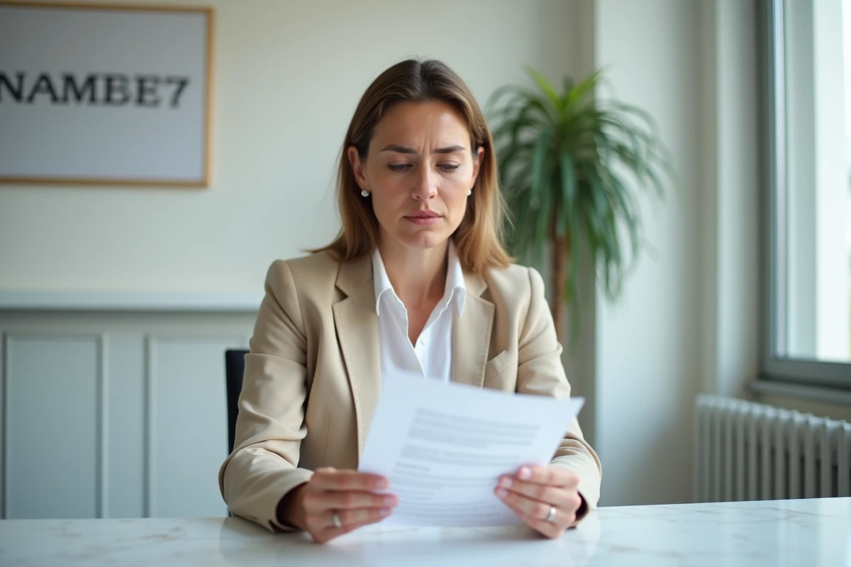 Femme lisant attentivement un document juridique dans la salle d'attente d'un office notarial avant une consultation