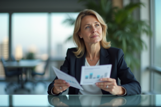 Femme d'affaires réfléchissant avec brochures d'investissement