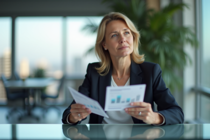 Femme d'affaires réfléchissant avec brochures d'investissement