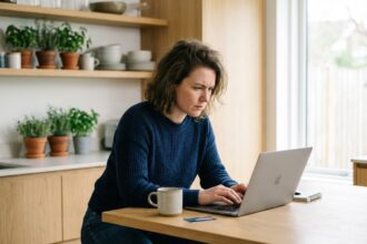 Jeune femme concentrée sur son ordinateur dans la cuisine