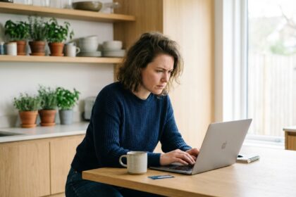 Jeune femme concentrée sur son ordinateur dans la cuisine