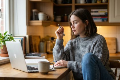 Jeune femme en cuisine avec ordinateur et notes