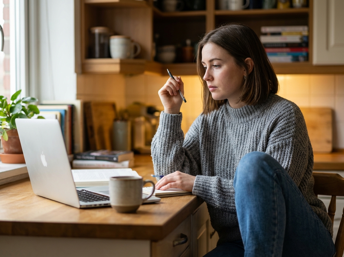Jeune femme en cuisine avec ordinateur et notes