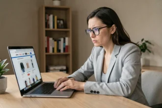 Femme analysant un faux site e-commerce suspect sur son ordinateur portable dans un bureau à domicile