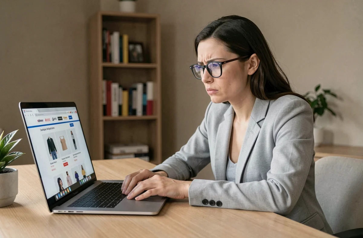 Femme analysant un faux site e-commerce suspect sur son ordinateur portable dans un bureau à domicile