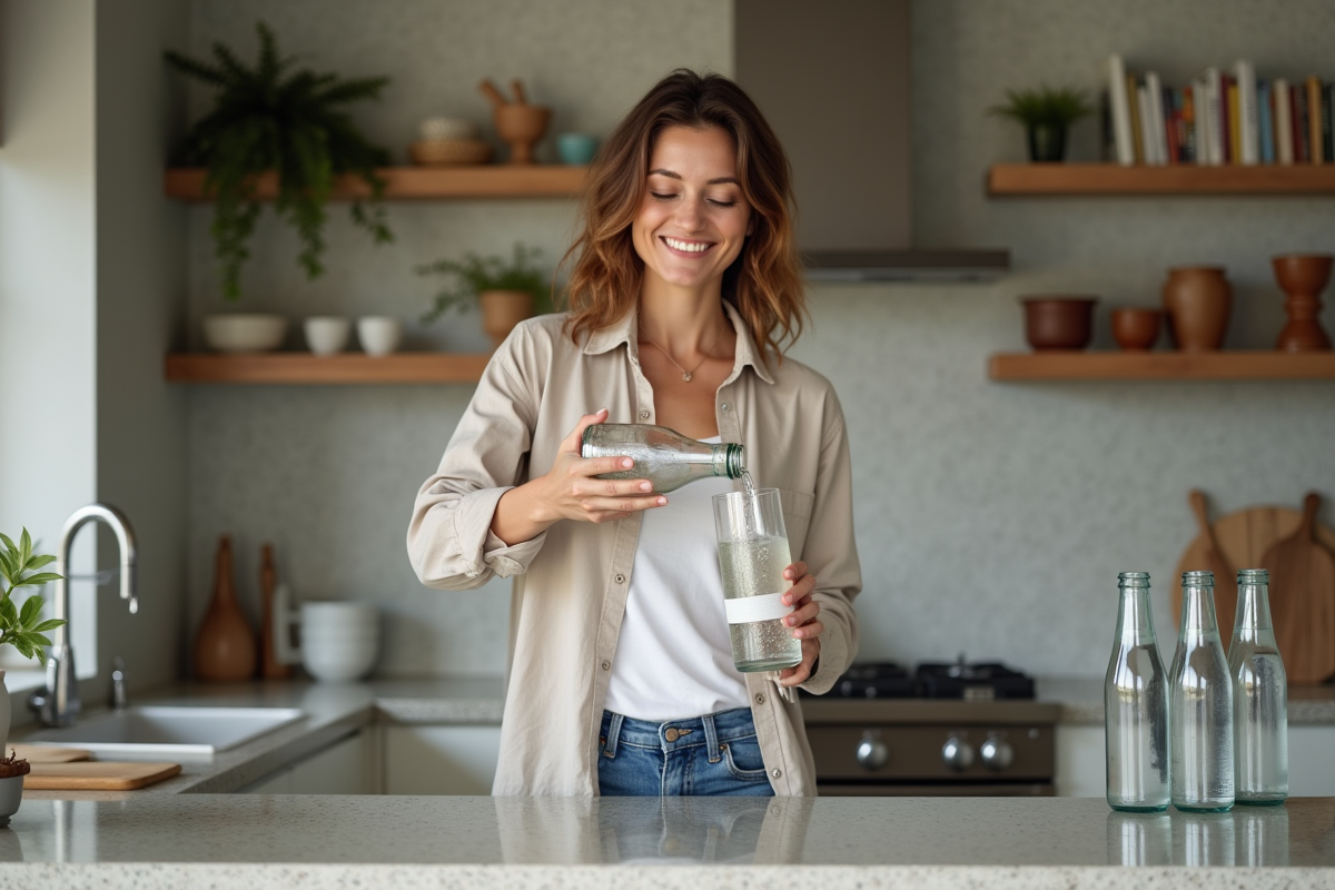 Femme versant de l'eau pétillante dans un verre dans une cuisine moderne