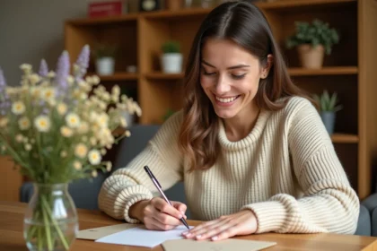 Femme écrivant une carte d'anniversaire en retard avec un sourire sincère dans une cuisine chaleureuse