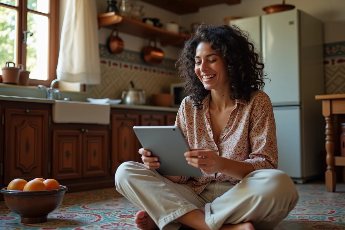 Femme espagnole riant devant une série humoristique sur tablette dans une cuisine andalouse traditionnelle