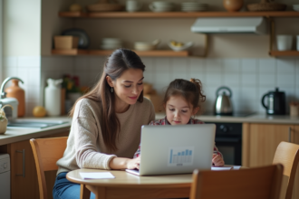 Femme et fille regardant un ordinateur dans la cuisine
