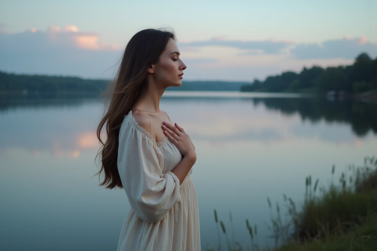 Femme en robe ivoire au bord d'un lac au crépuscule, méditant sur la signification de sa flamme jumelle et son éveil spirituel