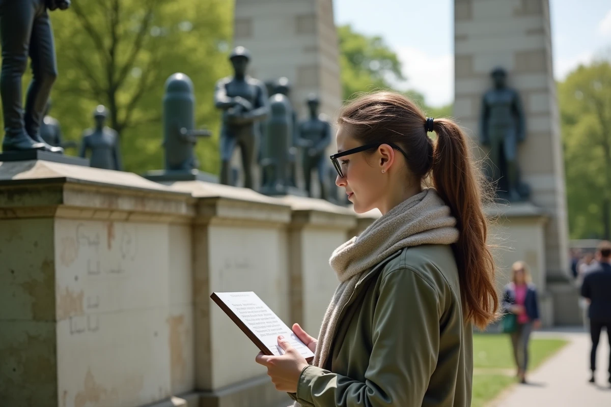 Jeune femme lisant une plaque dans un parc en contemplation