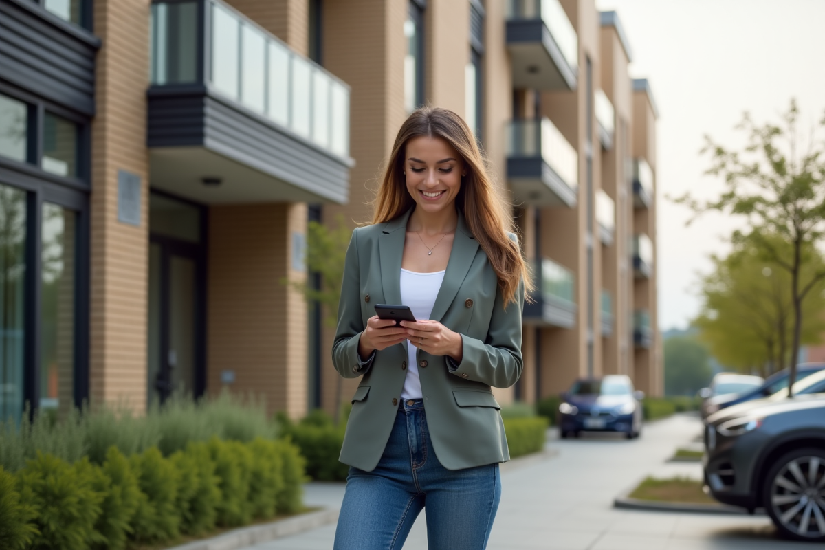 Jeune femme devant bâtiment neuf avec smartphone