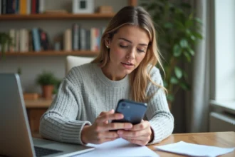 Femme tenant un iPhone 14 à la main devant un bureau à domicile, illustrant la location avec option d'achat d'un smartphone