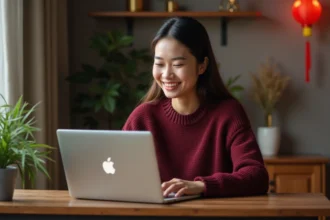 Jeune femme jouant au jeu Snake sur ordinateur dans un appartement