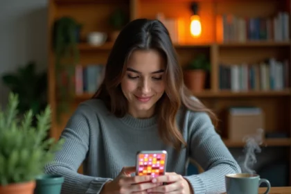 Jeune femme jouant au Wordle Louan sur son smartphone à son bureau à domicile en 2026
