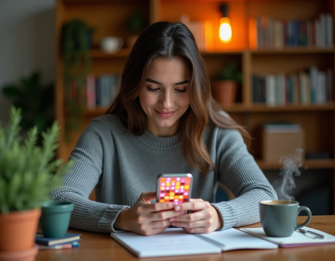 Jeune femme jouant au Wordle Louan sur son smartphone à son bureau à domicile en 2026