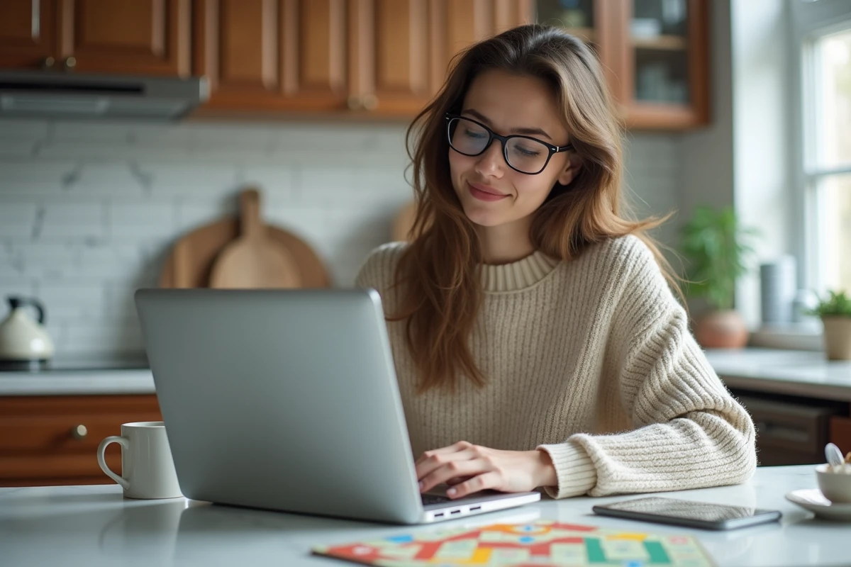 Femme souriante tapant sur son ordinateur dans la cuisine