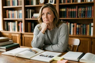 Femme lisant et analysant des articles de blog sur l'Échelle de Jacob à son bureau
