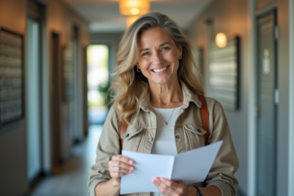 Femme tenant des documents de location dans un hall d'immeuble