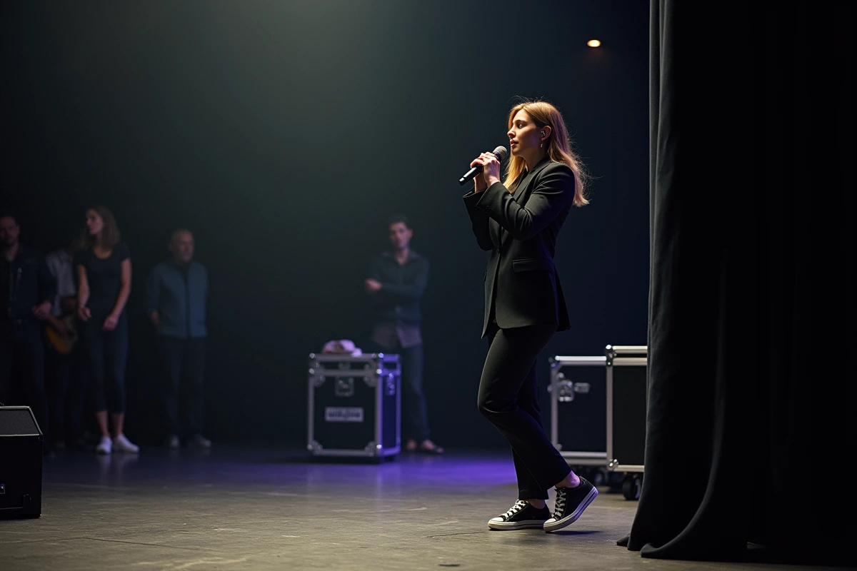 Femme musicienne vérifiant son micro près de la scène