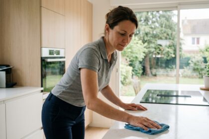 Femme de ménage professionnelle nettoyant le plan de travail d'une cuisine moderne dans une maison de Brunoy