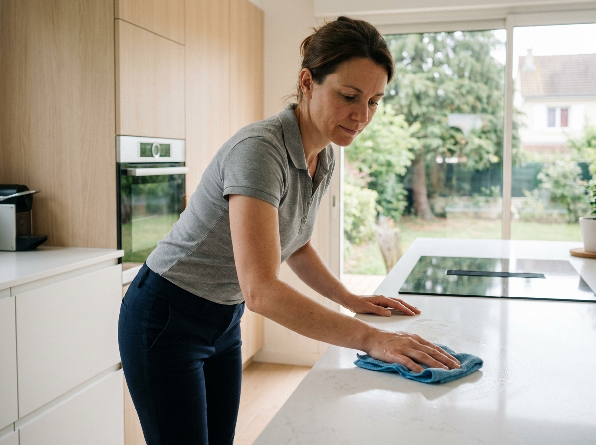 Femme de ménage professionnelle nettoyant le plan de travail d'une cuisine moderne dans une maison de Brunoy