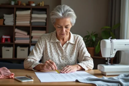 Femme mesurant du tissu avec un tableau de conversion textile