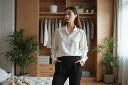 Jeune femme en tenue minimaliste devant une armoire