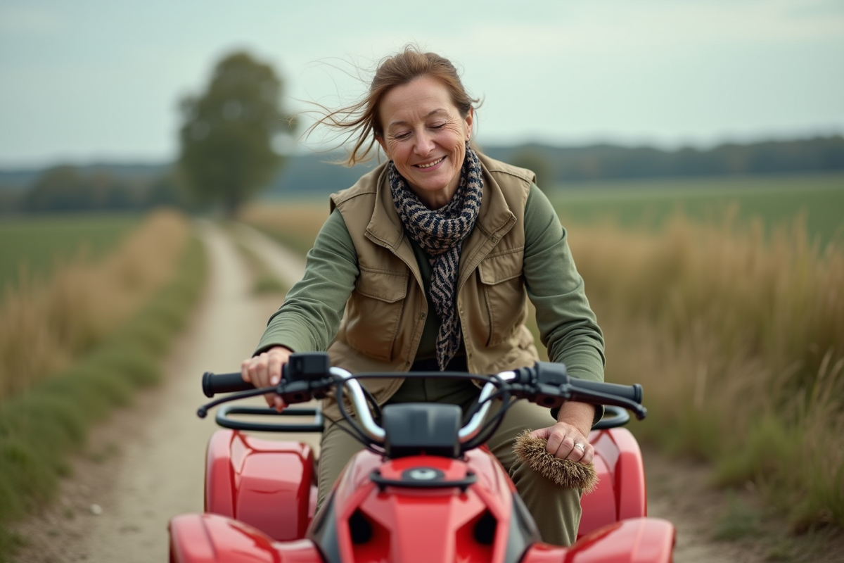 Femme nettoyant un quad 50 cc en campagne