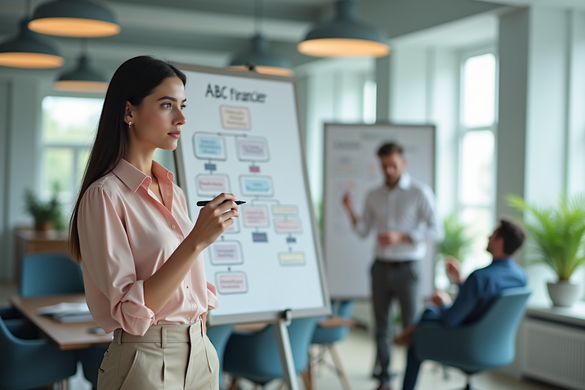 Jeune femme dessine un organigramme sur un tableau blanc