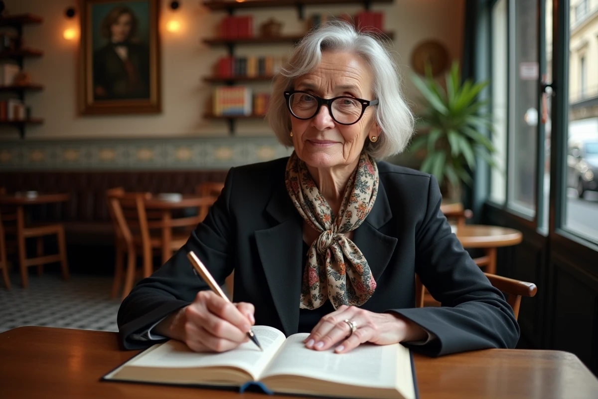 Femme française en blazer prenant des notes dans un café parisien