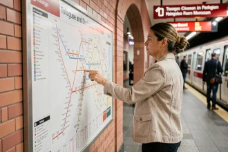 Femme consultant le plan du métro de Toulouse sur le quai d'une station, traçant un itinéraire avec le doigt