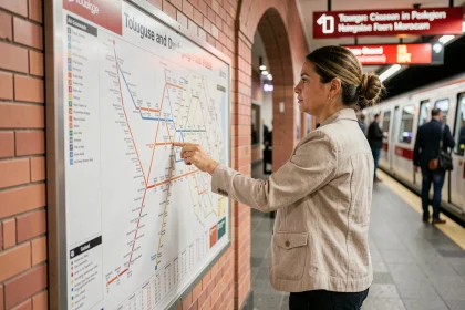 Femme consultant le plan du métro de Toulouse sur le quai d'une station, traçant un itinéraire avec le doigt