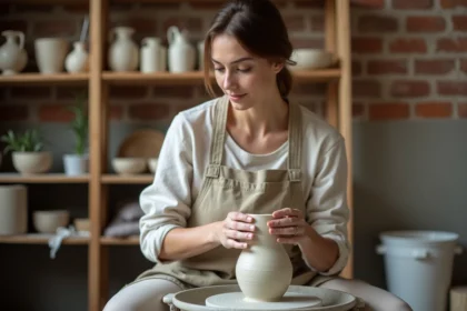 Jeune femme façonnant un vase en argile sur un tour de potier moderne