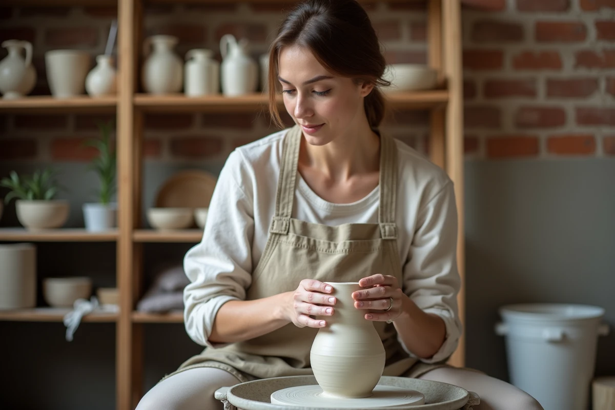 Jeune femme façonnant un vase en argile sur un tour de potier moderne