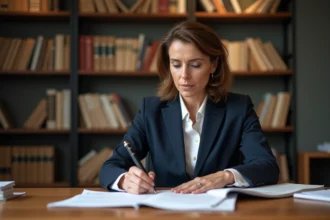 Femme professionnelle consultant des documents juridiques dans un bureau de droit moderne rempli de livres de loi