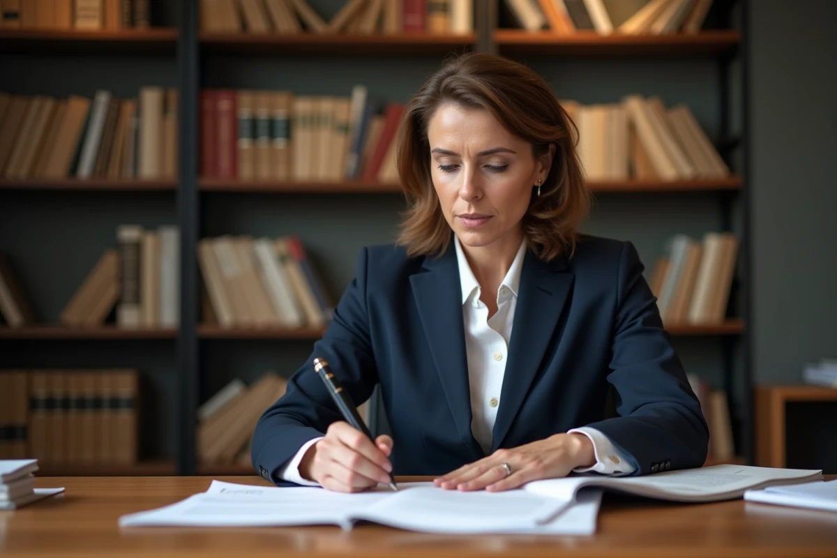 Femme professionnelle consultant des documents juridiques dans un bureau de droit moderne rempli de livres de loi