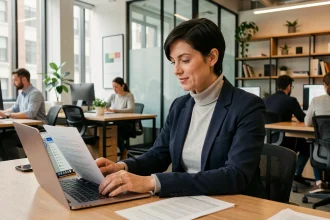 Femme professionnelle utilisant une plateforme numérique collaborative dans un espace de coworking moderne