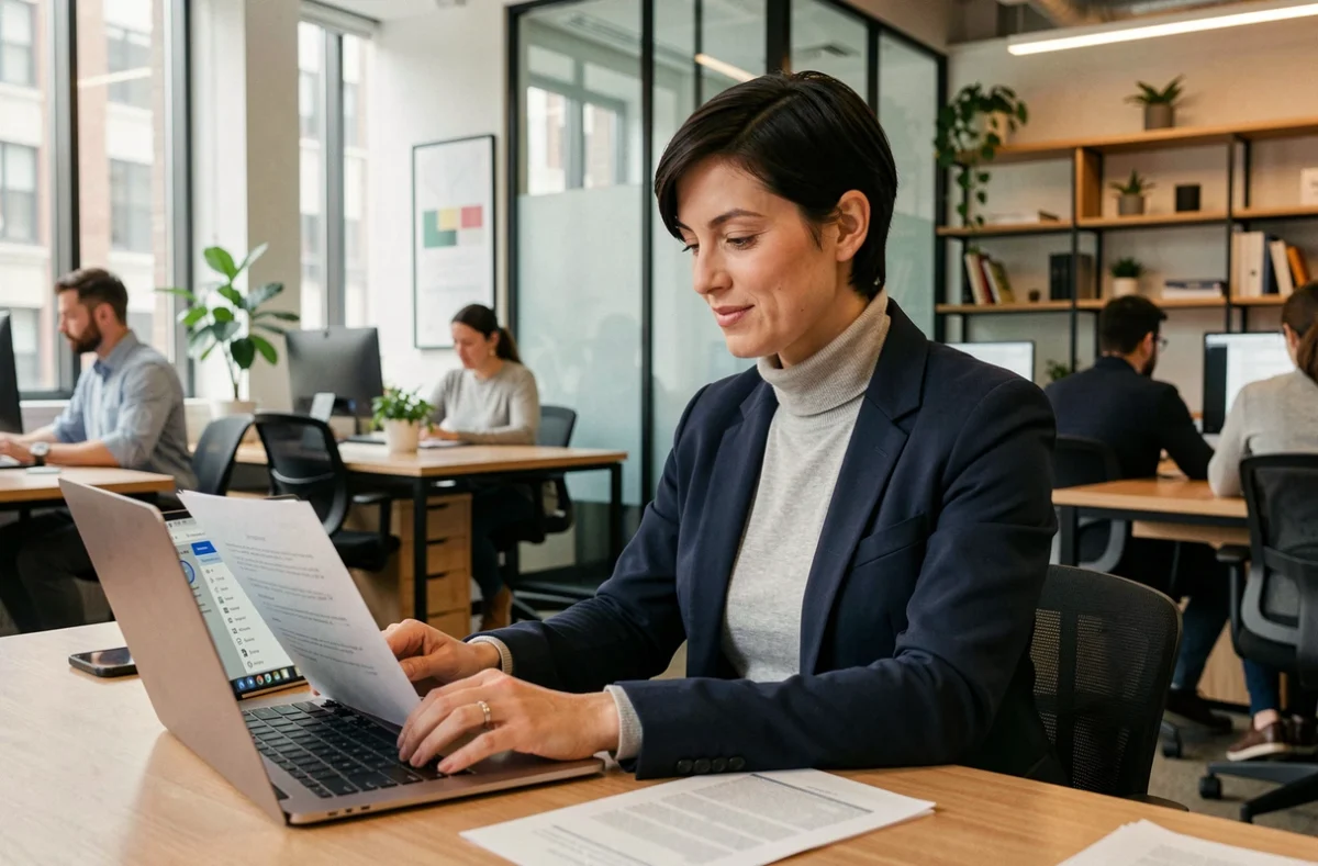 Femme professionnelle utilisant une plateforme numérique collaborative dans un espace de coworking moderne