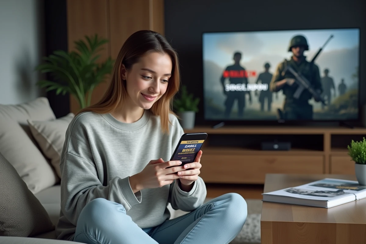 Jeune femme consultant une application mobile pour trouver les meilleures offres sur Battlefield 6 chez Leclerc