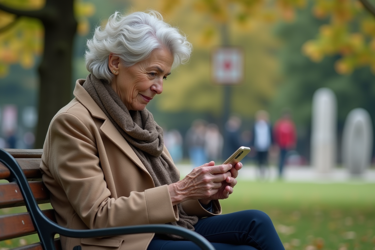Femme âgée utilisant son smartphone dans un parc urbain