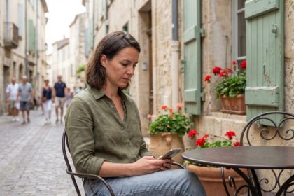 Jeune femme à Béziers regardant son smartphone en terrasse