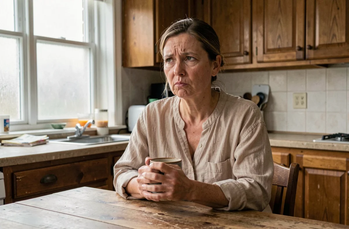 Femme songeuse le matin attablée dans sa cuisine en train de repenser à un cauchemar troublant dans lequel elle était menacée et poursuivie