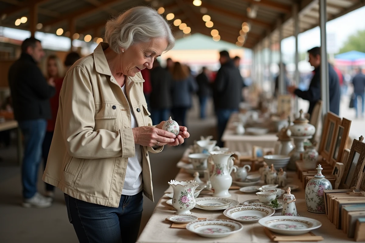 Femme examinant un objet en céramique sur un stand de brocante couverte en Moselle, entouré d'objets anciens et de bibelots