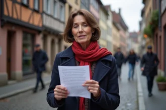 Femme française dans une rue de Strasbourg lisant des paroles